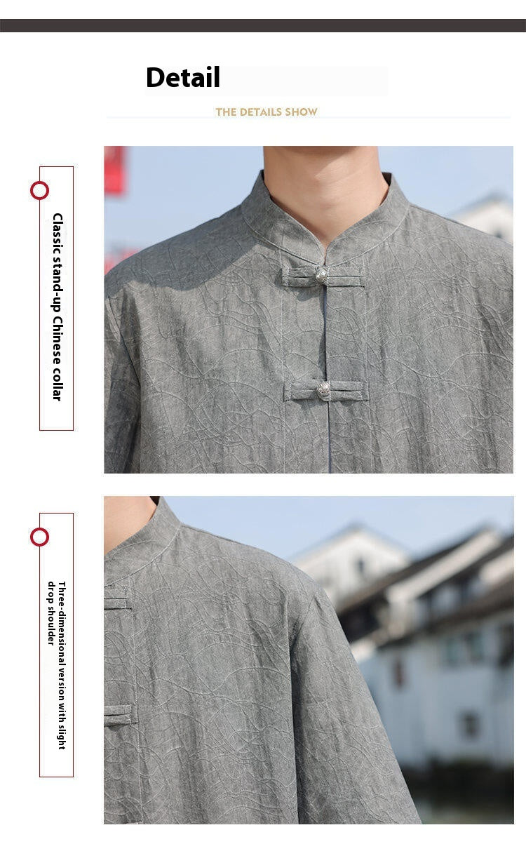 Chinese Style Mens Metal Button Jacquard Tang Shirt Summer Hanfu Top