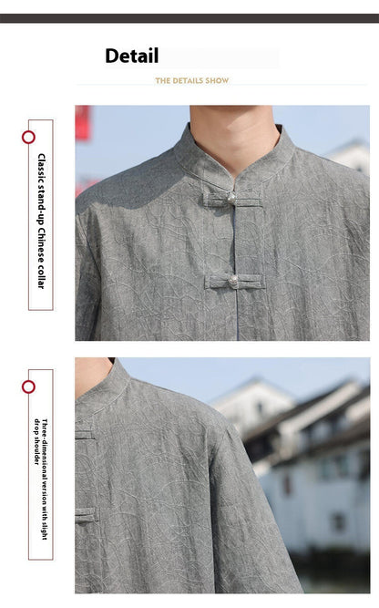 Chinese Style Mens Metal Button Jacquard Tang Shirt Summer Hanfu Top