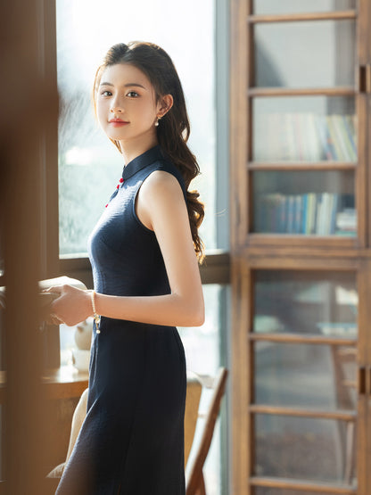 Navy Blue Sleeveless Cheongsam – Youth Slim Daily Dress
