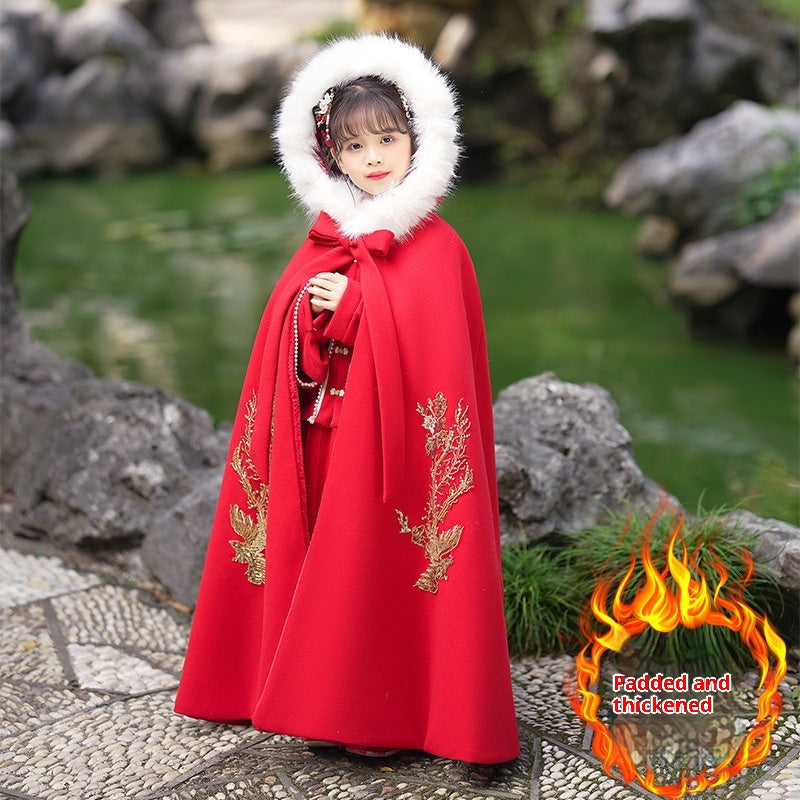 Girls' Winter Hanfu Cloak with Fur Collar Hooded Fairy Cape