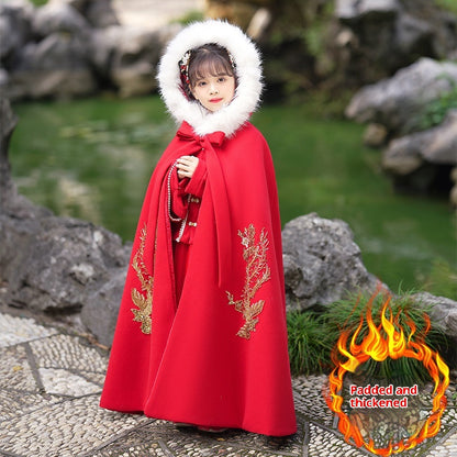 Girls' Winter Hanfu Cloak with Fur Collar Hooded Fairy Cape