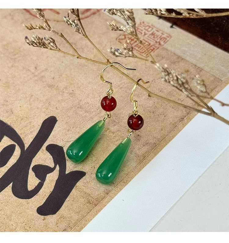 Imitation Chalcedony Green Earrings | New Chinese Style Ancient Water Drop Accessory