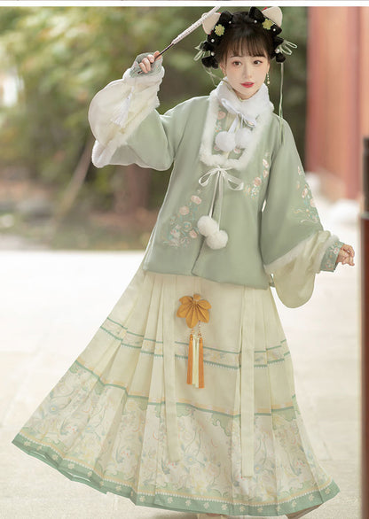 Trees of Sea Women Ming Hanfu Set: Embroidered Stand Collar Jacket & Horse Face Skirt New Year