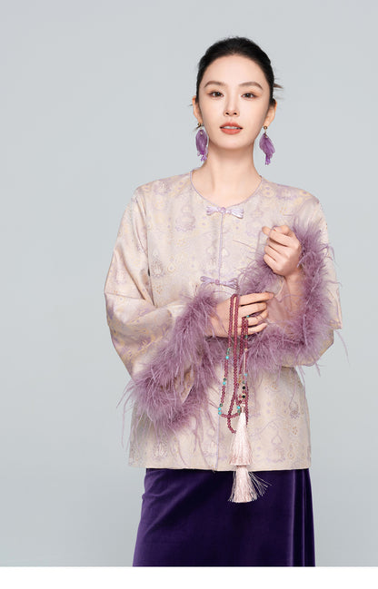 Stylish Satin Jacket with Unique Furry Sleeves