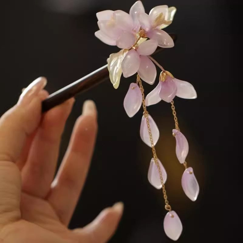 New Chinese Style Begonia Flower Hairpin Cheongsam Fairy Tassel Wooden Hairpin
