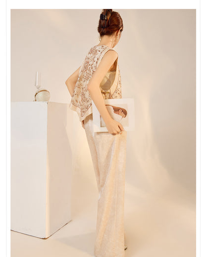 National Style2025Summer New Beaded Embroidery New Chinese Style Sequin Mermaid Skirt Vest Pants Set