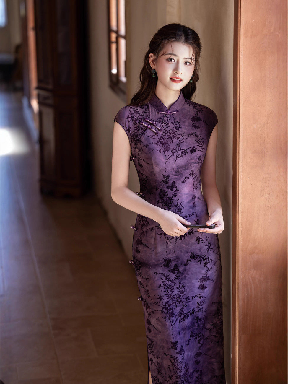 Autumn Elegant Cheongsam – Purple Retro Crescent Sleeve Dress