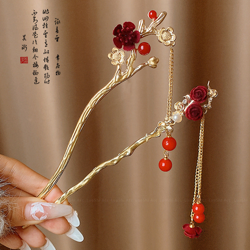 Velvet Rose Hairpin | Elegant Chinese Style Ancient Tassel Ornament