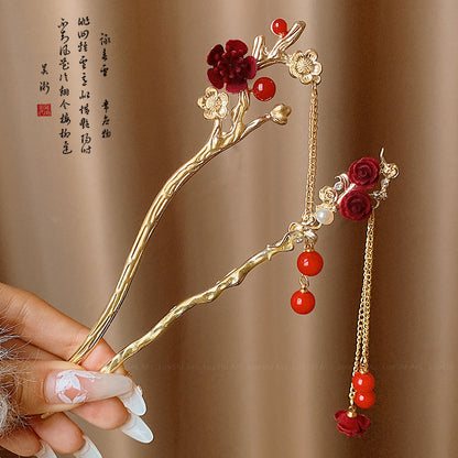 Velvet Rose Hairpin | Elegant Chinese Style Ancient Tassel Ornament