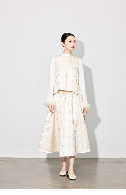 Elegant Jacquard Sleeveless Vest & A-Line Skirt Two-Piece Set