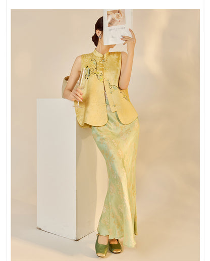 High-End Embroidery Stand Collar Vest & Jacquard Mermaid Skirt