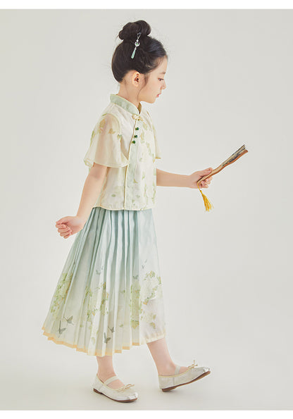 New Chinese Style Girls Outfit — Short Sleeve Shirt & Pleated Skirt