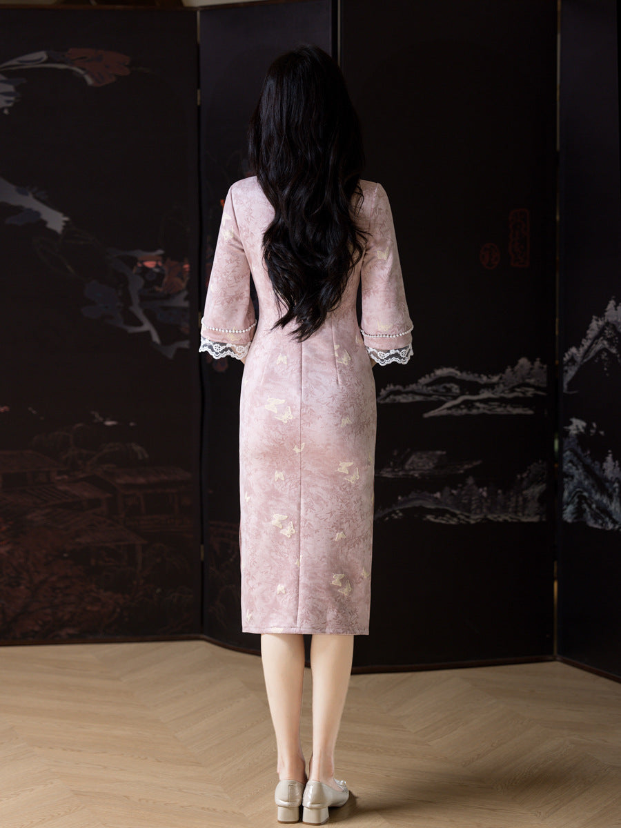 Republic of China Style Pink Cheongsam – Autumn Youth Dress