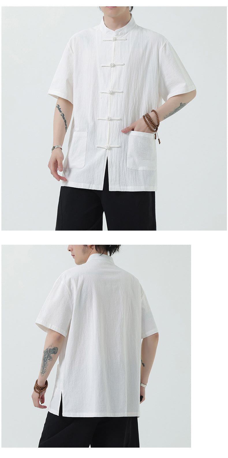Chinese Style Mens Cotton Linen Shirt Half Sleeve Button Up Casual Top