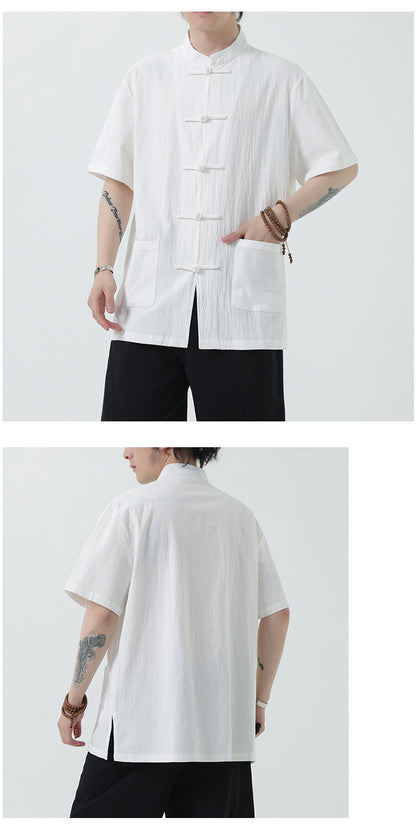 Chinese Style Mens Cotton Linen Shirt Half Sleeve Button Up Casual Top