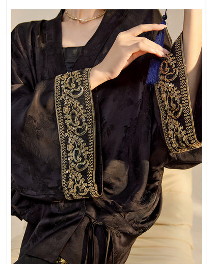 Summer New Chinese Printed Rayon Shirt & Strap Dress Set