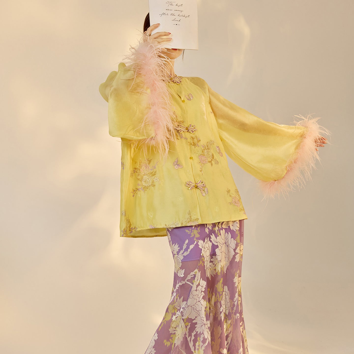 New Chinese Embroidered Feather Sleeve Patchwork Top & Skirt Set