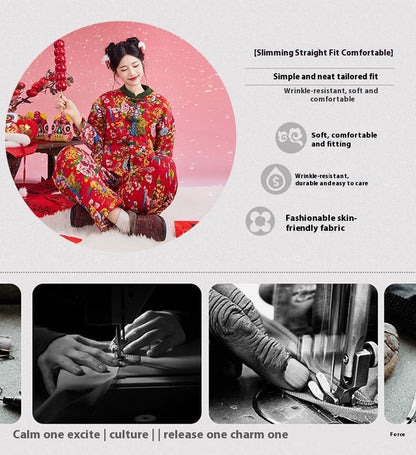 Northeast Floral Winter Jacket Women Thick Ethnic Cotton Coat Set