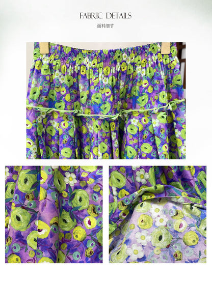 High-End Green Floral Midi Skirt with Elastic Waist