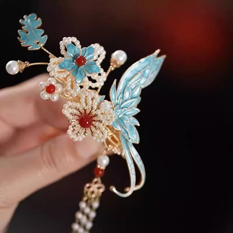Chinese Ancient Costume Back Press Side Clip Jingtai Blue Hair Accessory