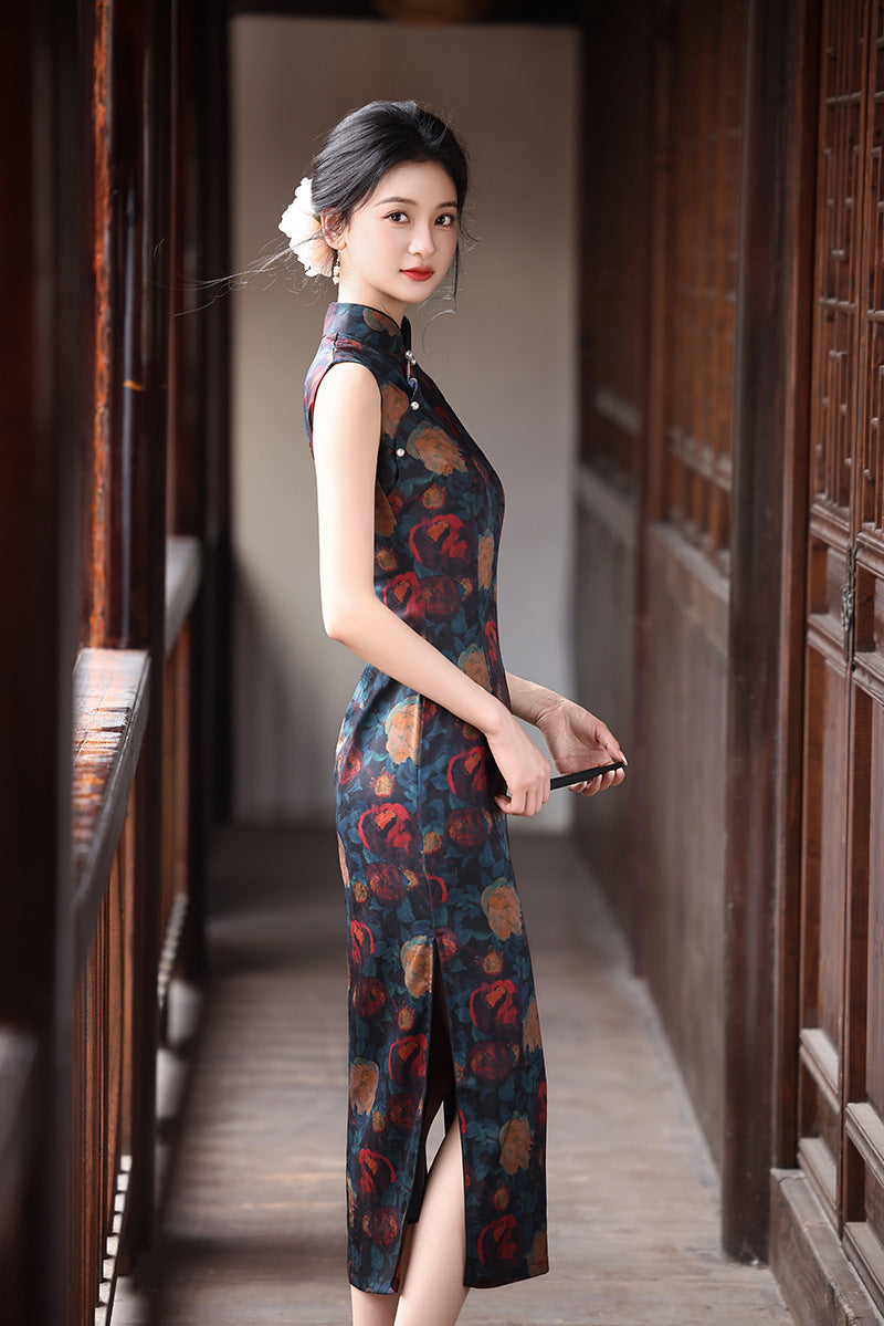 Retro Hong Kong Rose Cheongsam – Sleeveless Youth Dress