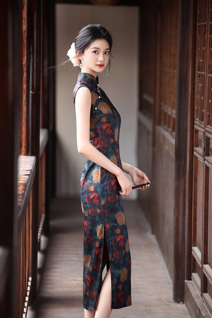 Retro Hong Kong Rose Cheongsam – Sleeveless Youth Dress