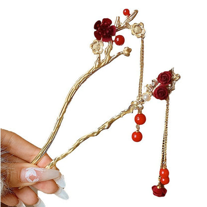 Velvet Rose Hairpin | Elegant Chinese Style Ancient Tassel Ornament