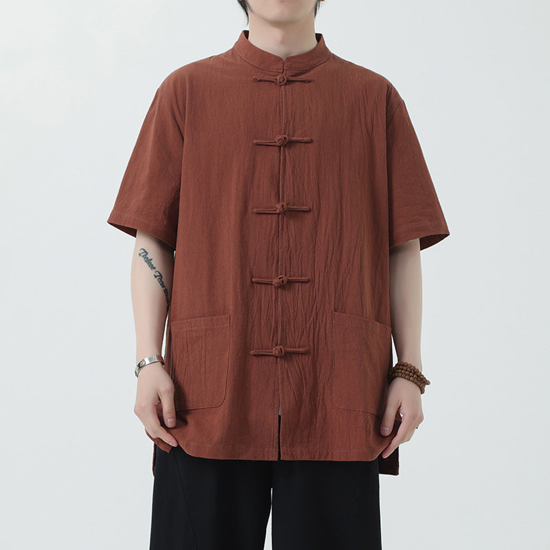 Chinese Style Mens Cotton Linen Shirt Half Sleeve Button Up Casual Top