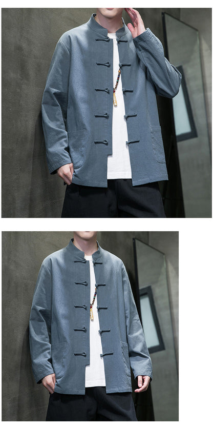Mens Autumn Chinese Style Hanfu Tang Suit Button Up Cotton Linen Top