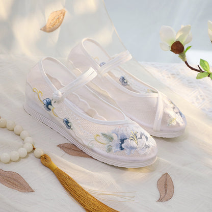 Ancient Style Mesh Embroidered Hanfu Shoes — 3cm Hidden Wedge Flats
