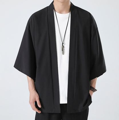 Mens Chinese Hanfu Dao Robe Large Size Zen Ice Silk Kimono