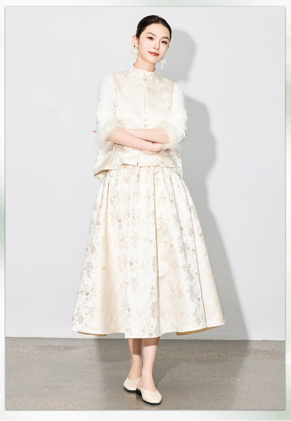 Elegant Jacquard Sleeveless Vest & A-Line Skirt Two-Piece Set