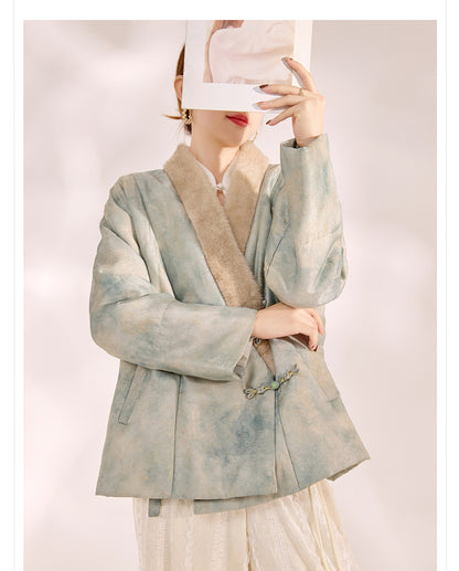 New Chinese Style Feather Collar Embroidered Cotton Jacket for Women