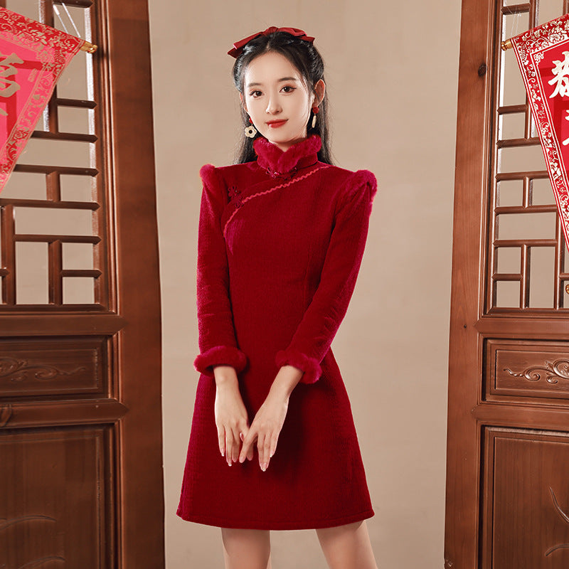 Red Winter Short Qipao Jacket | Fleece-Lined Thickened New Year Dress