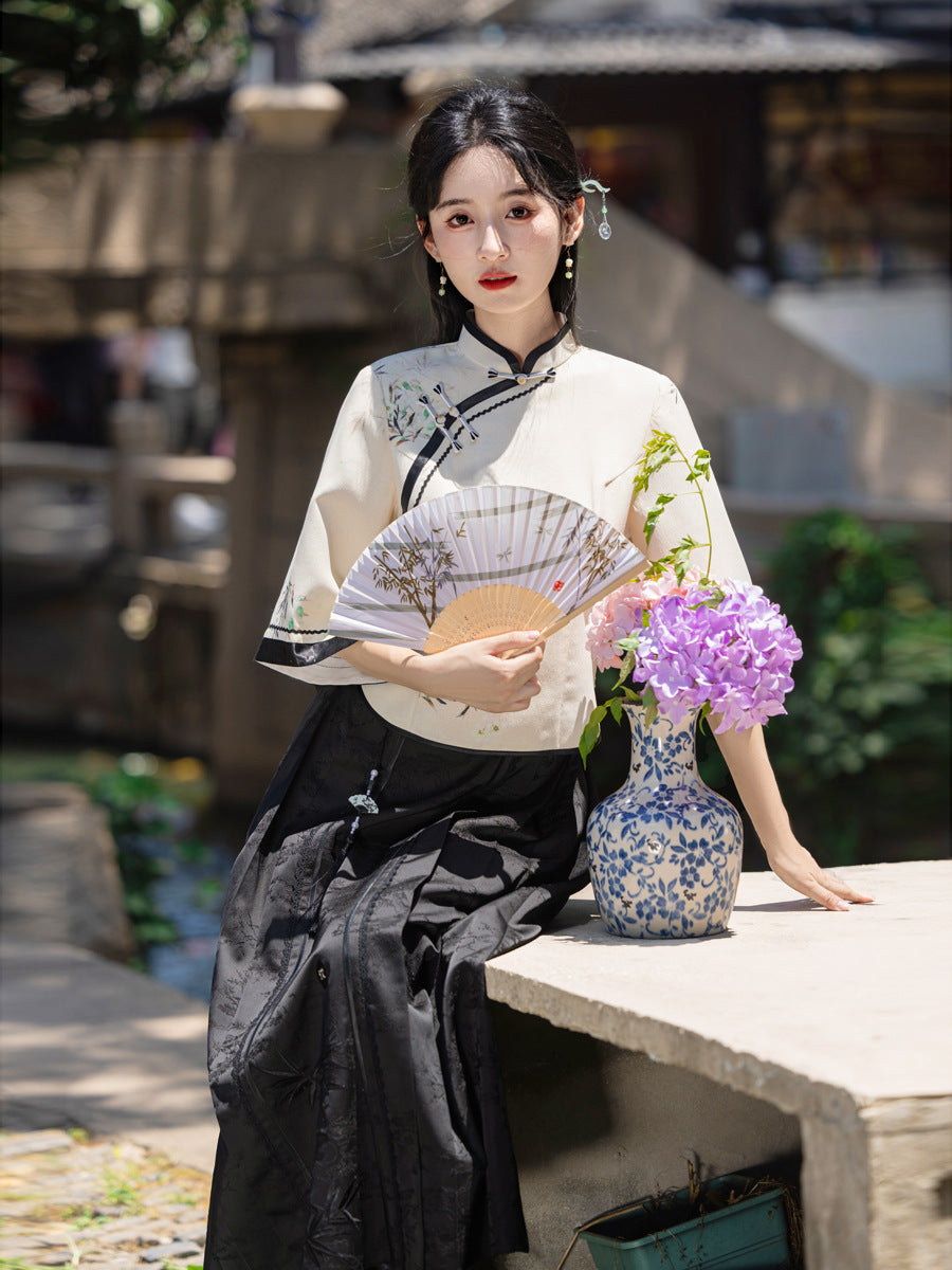 Elegant Improved Cheongsam Top & Hanfu Ink Design Skirt Set