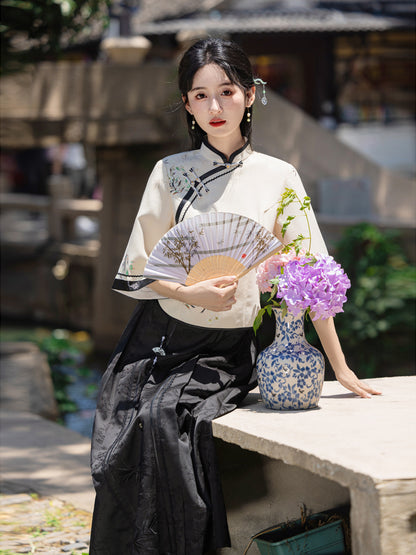 Elegant Improved Cheongsam Top & Hanfu Ink Design Skirt Set