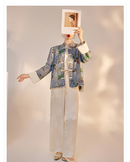 Blue Sequin Embroidered Denim Jacket High-End New Chinese Style