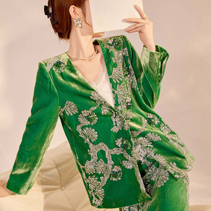 2025 Spring New Chinese Beaded Embroidered Silk Cardigan & Skirt Set
