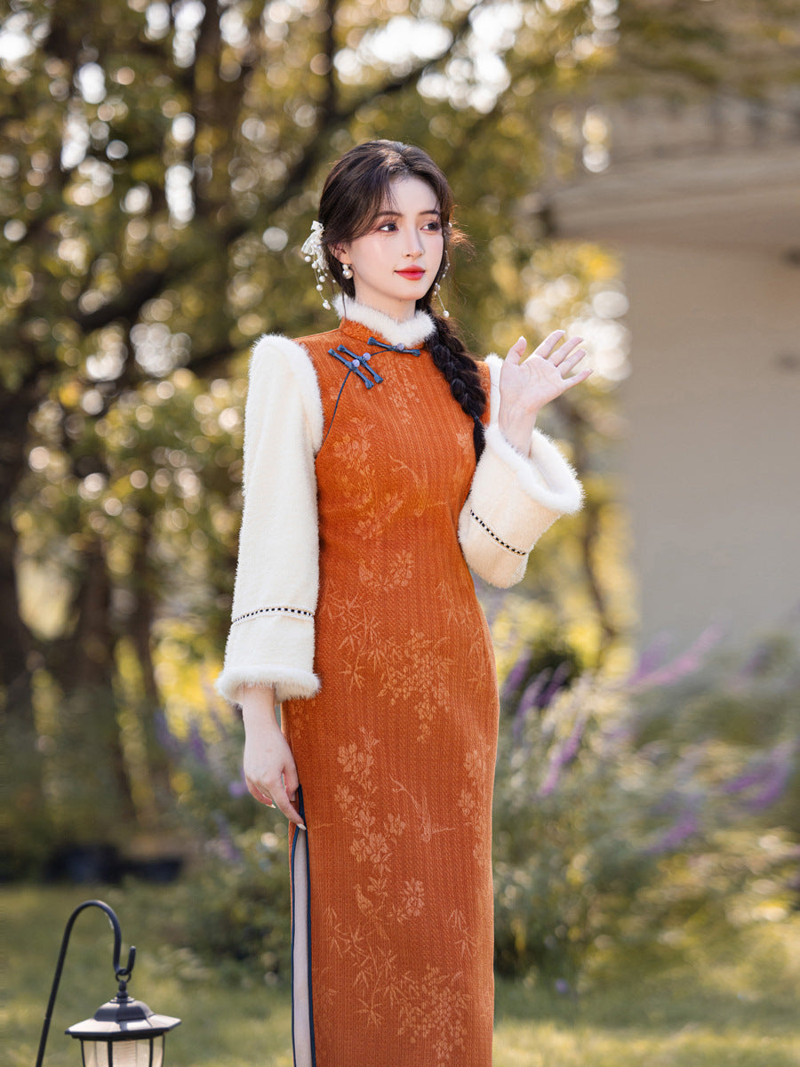 2025 Winter Chenille Fleece Long Cheongsam Patchwork New Chinese Style