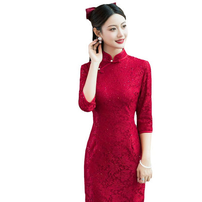 Elegant Red Two-Piece Cheongsam – Autumn Wedding Event Dress