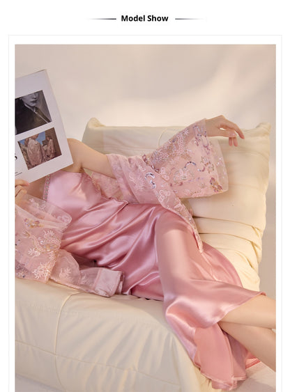 French Style Pink 3D Rose Acetate Strap Dress Elegant Long Gown