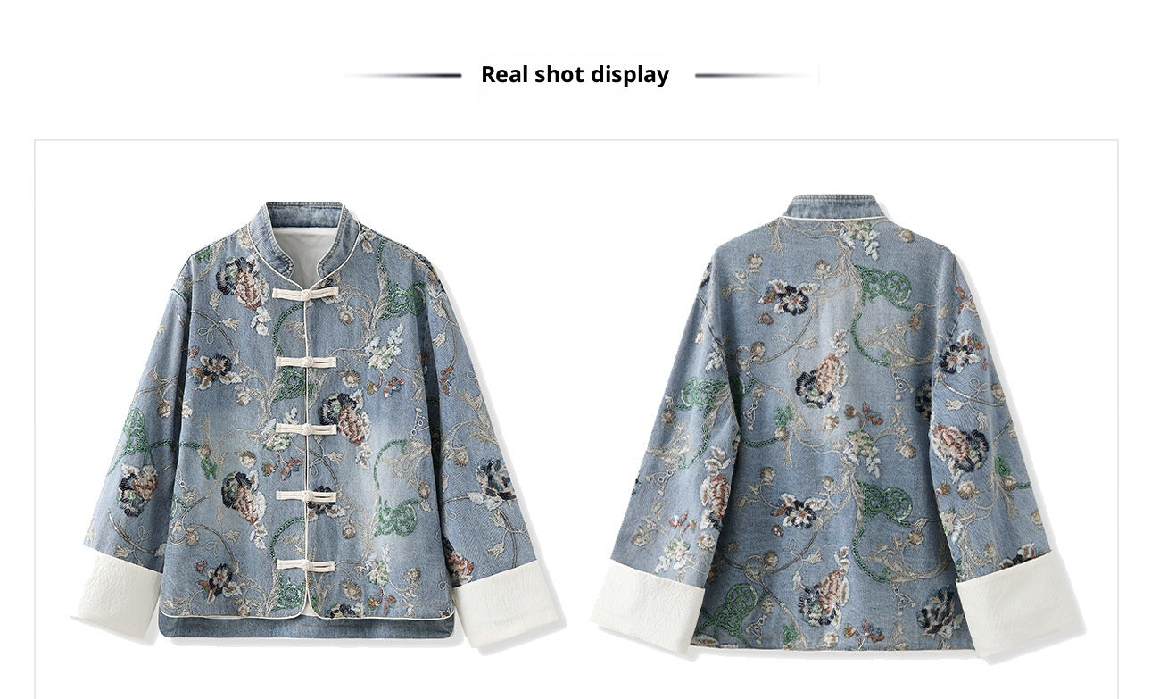 Blue Sequin Embroidered Denim Jacket High-End New Chinese Style