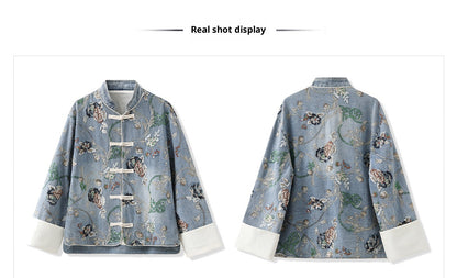 Blue Sequin Embroidered Denim Jacket High-End New Chinese Style