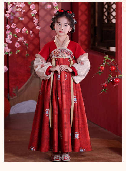 Children’s Winter Hanfu Dress | Elegant Thickened Tang Suit Cheongsam for New Year