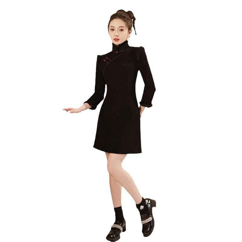Red Winter Short Qipao Jacket | Fleece-Lined Thickened New Year Dress