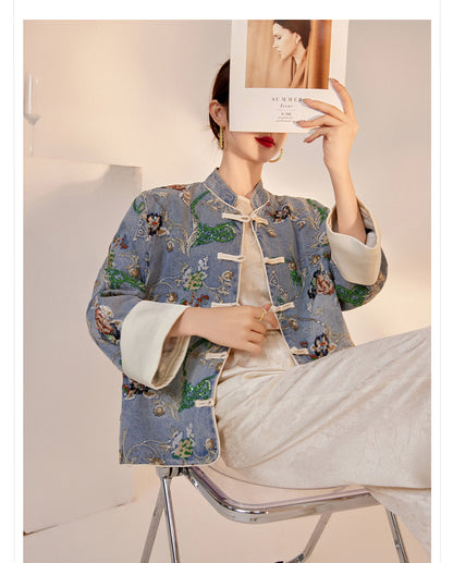 Blue Sequin Embroidered Denim Jacket High-End New Chinese Style