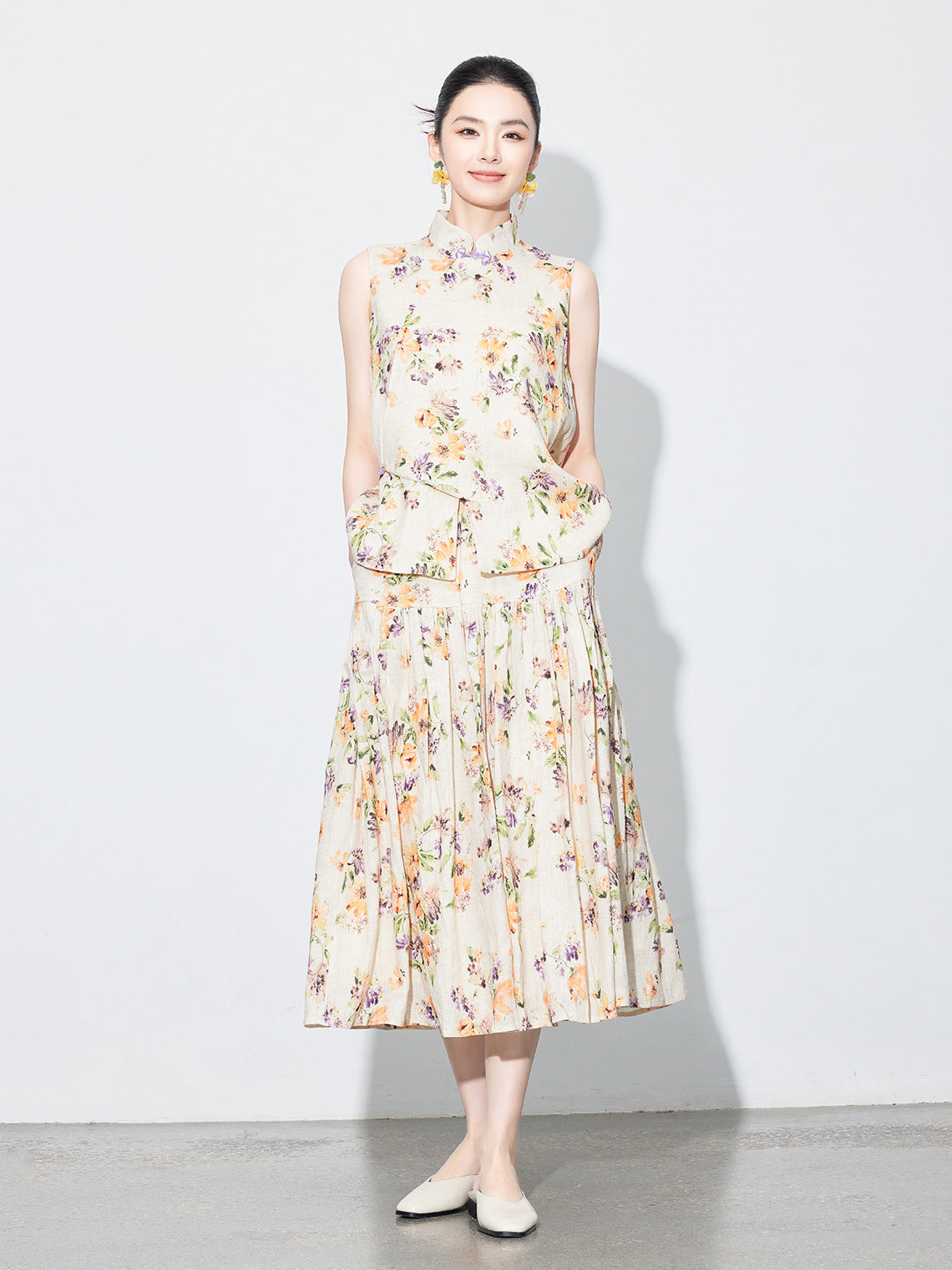 High-End Linen Sleeveless Button Top & Slimming Skirt for Women