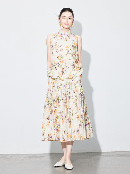 High-End Linen Sleeveless Button Top & Slimming Skirt for Women