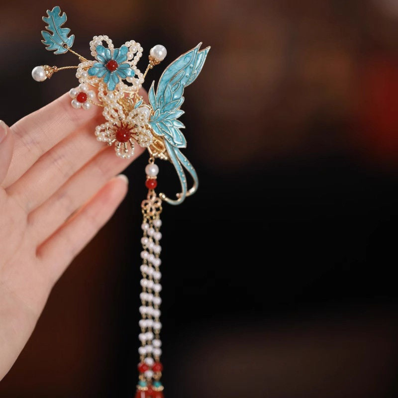 Chinese Ancient Costume Back Press Side Clip Jingtai Blue Hair Accessory