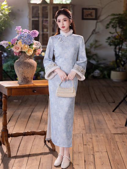 Gentle Brightening Cheongsam | New Chinese Style Winter Thickened Fleece Dress